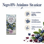 Chocolate Negro 85% sin azúcar con arándanos · ingredientes, sabor y formato