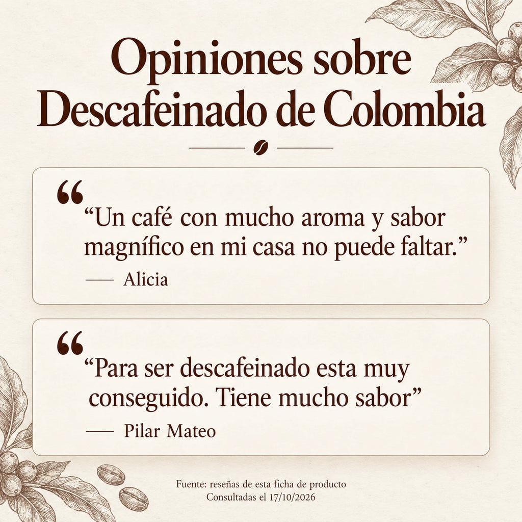 Opiniones publicadas sobre Descafeinado de Colombia, de Alicia y Pilar Mateo. Fuente: ficha del producto; consultadas el 17 de octubre de 2026.