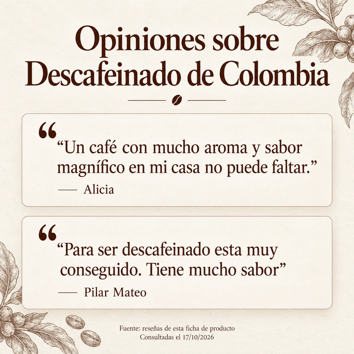 Opiniones publicadas sobre Descafeinado de Colombia, de Alicia y Pilar Mateo. Fuente: ficha del producto; consultadas el 17 de octubre de 2026.