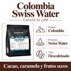 Colombia Swiss Water: Origen · Colombia, Proceso · Swiss Water, Tipo · Descafeinado. Cacao, caramelo y frutos secos.
