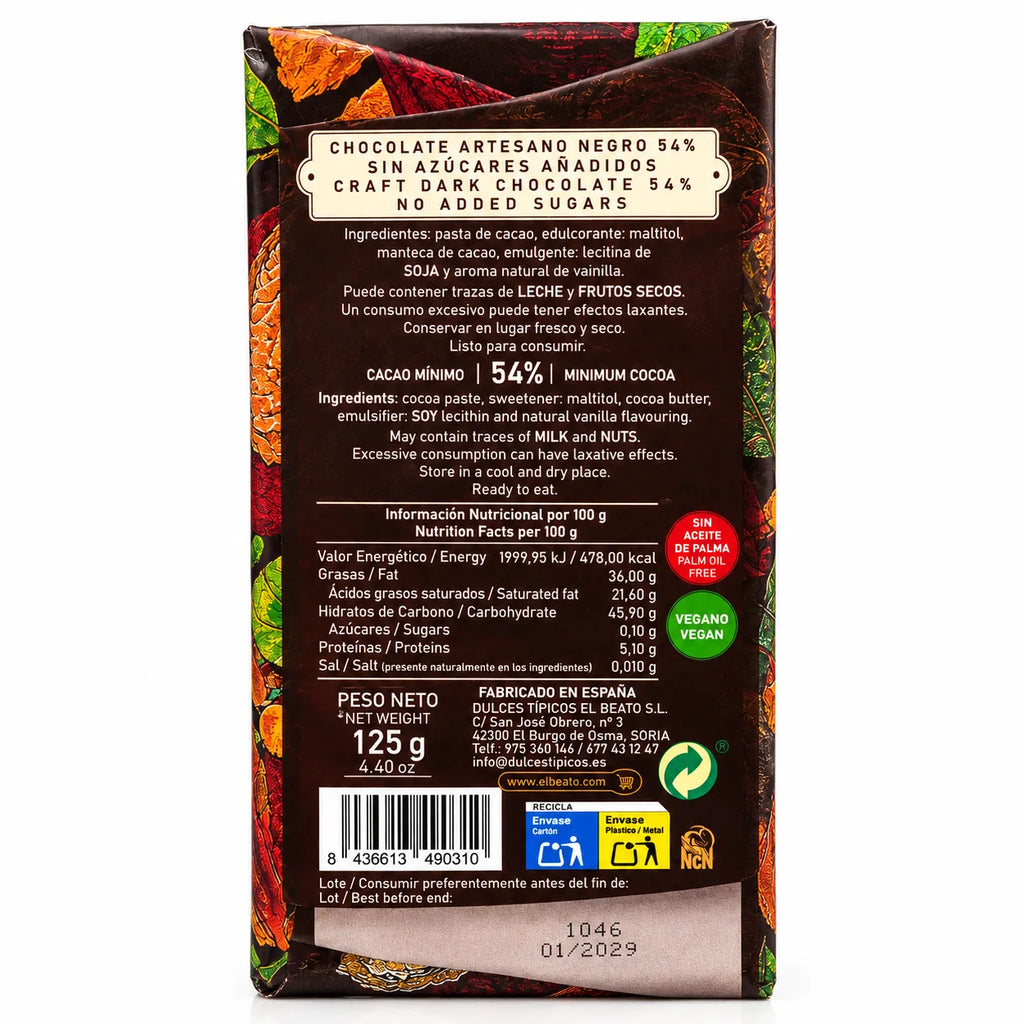 Parte trasera del chocolate negro 54% El Beato sin azúcares añadidos, ingredientes e información nutricional