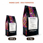 Comparativa de formatos del Café de Colombia de Supracafé: bolsa de 250 g junto a bolsa de 1 kg