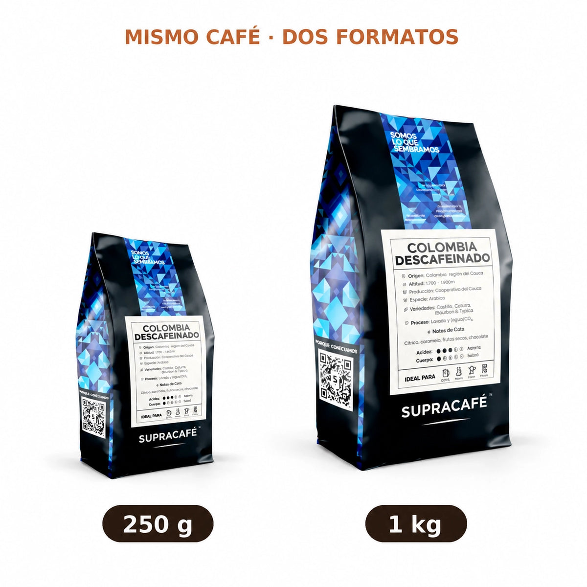 Comparativa de formatos del Descafeinado de Colombia de Supracafé: bolsa de 250 g junto a bolsa de 1 kg