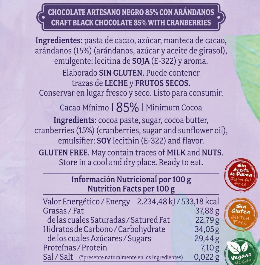Chocolate negro 85% con arándanos