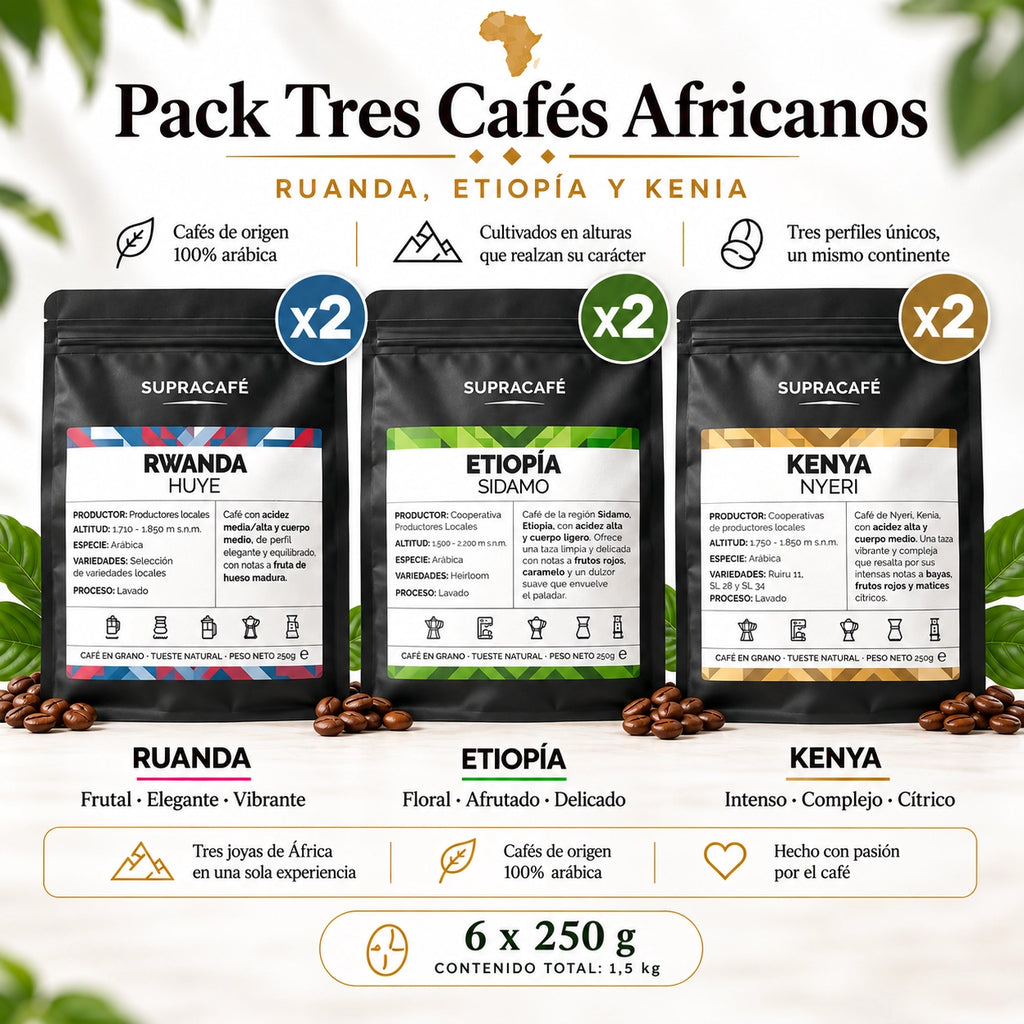 Pack Cafés Africanos · Kenia + Etiopía + Ruanda (6×250 g)