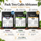 Pack Cafés Africanos · Kenia + Etiopía + Ruanda (6×250 g)