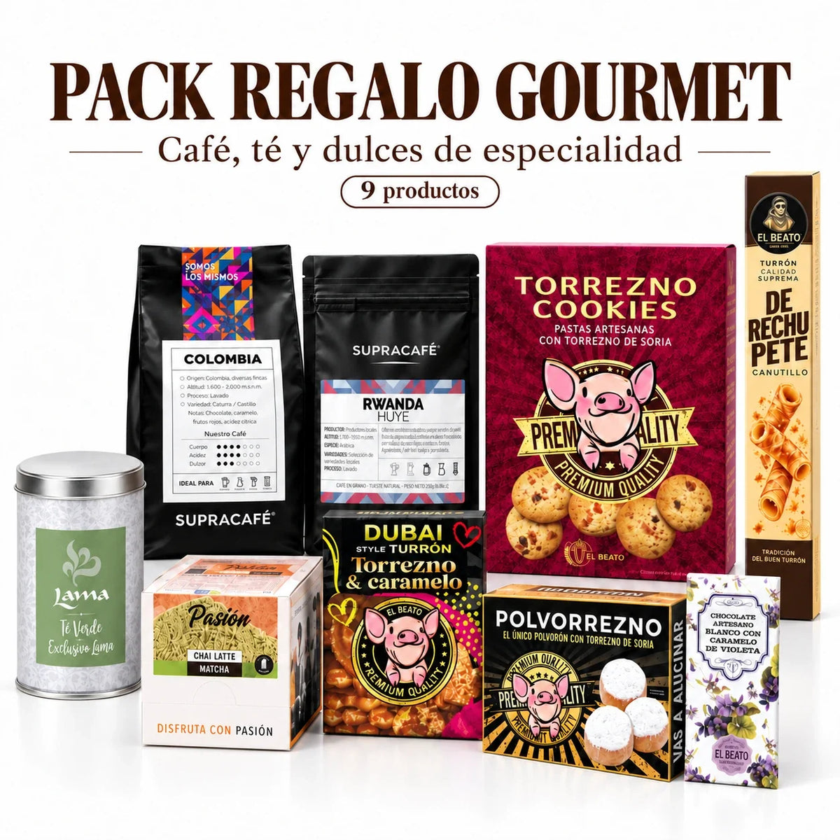 Pack Regalo Gourmet: nueve productos de café, té y dulces de especialidad.