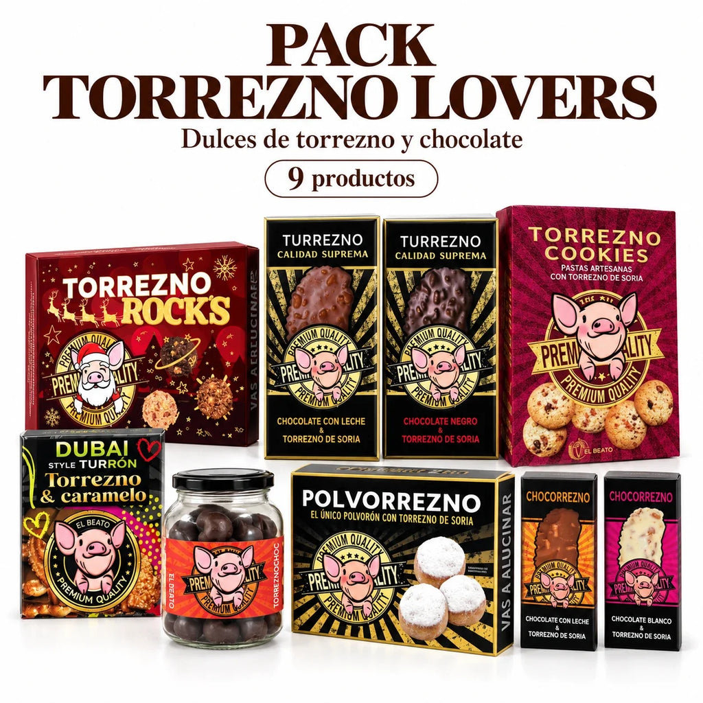 Pack Torrezno Lovers con nueve productos de torrezno y chocolate artesano El Beato.
