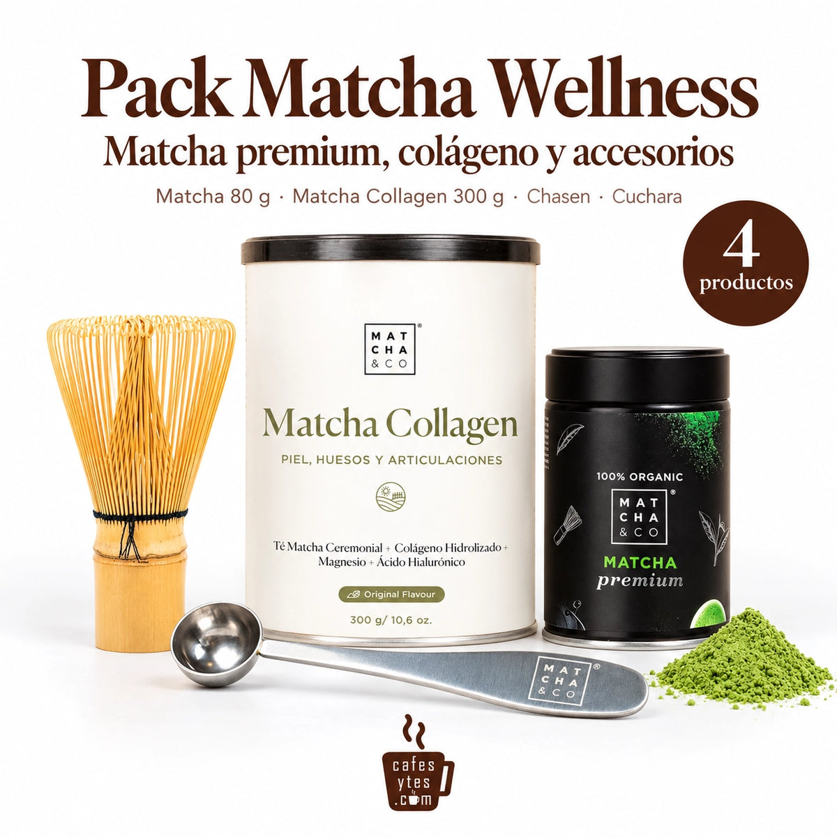 Pack Matcha Wellness: té matcha premium ecológico, batidor de bambú chasen, cuchara dosificadora y colágeno con matcha y vainilla