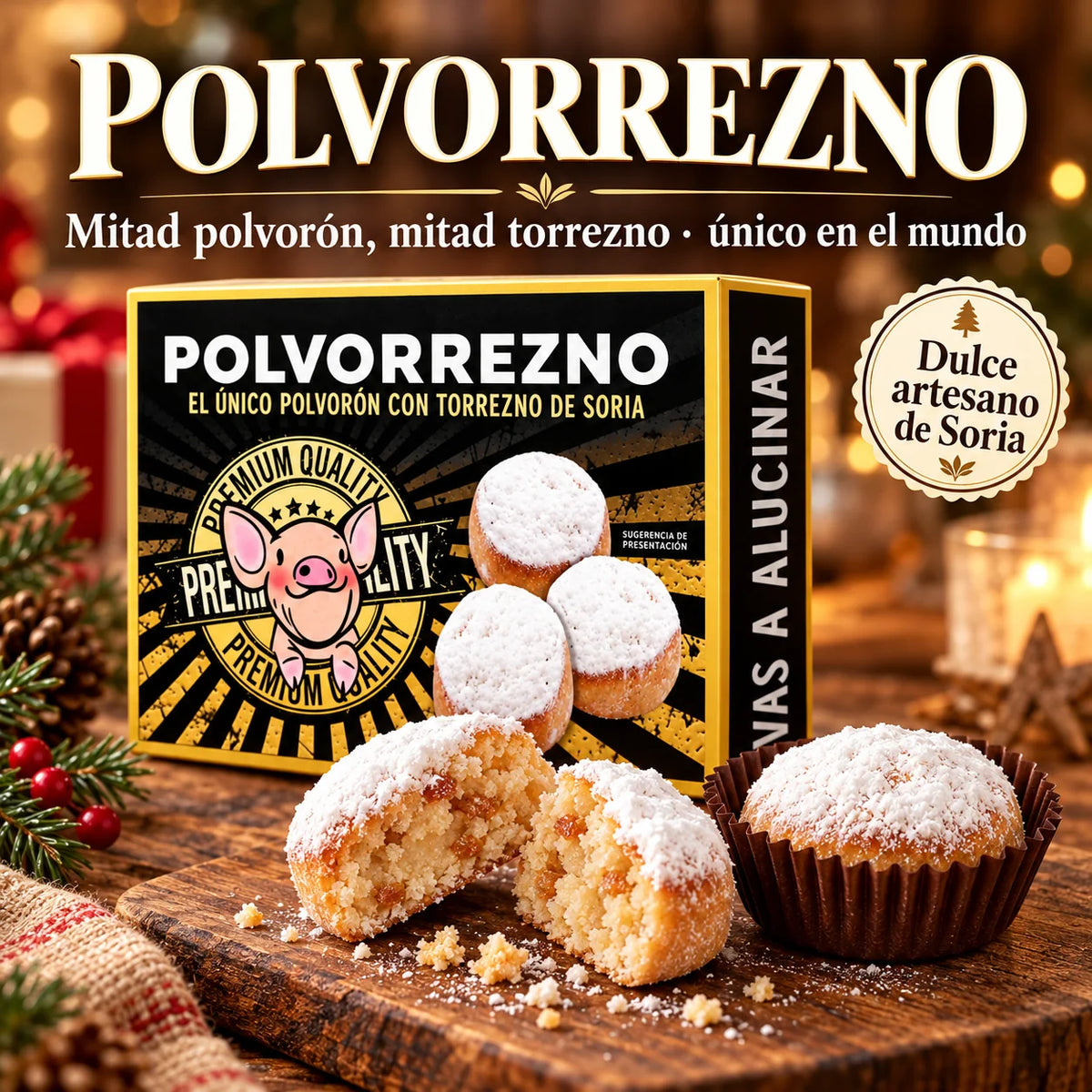 Polvorrezno de El Beato, polvorón con torrezno de Soria, presentación navideña artesanal