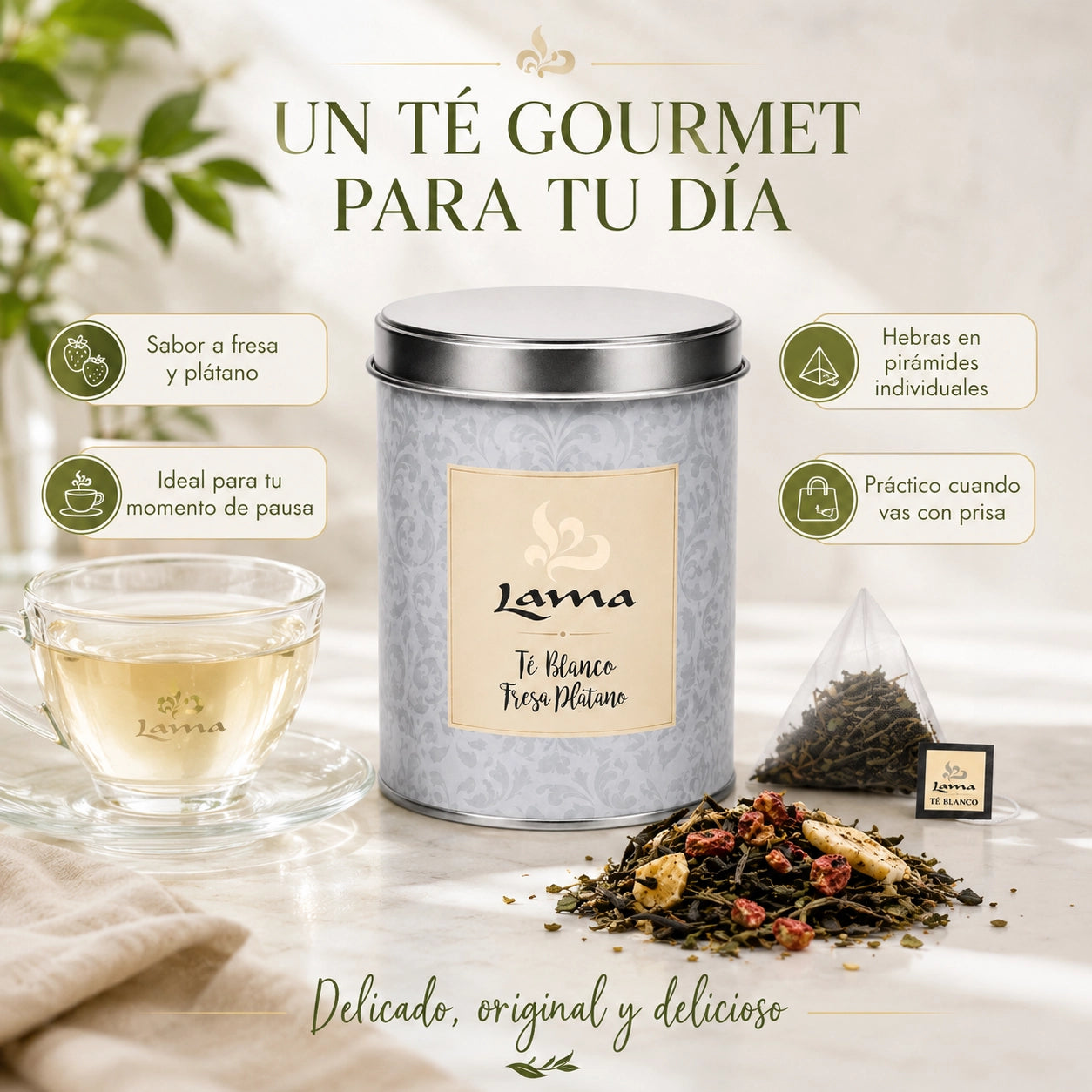 Té Blanco Fresa y Plátano Lama en pirámides