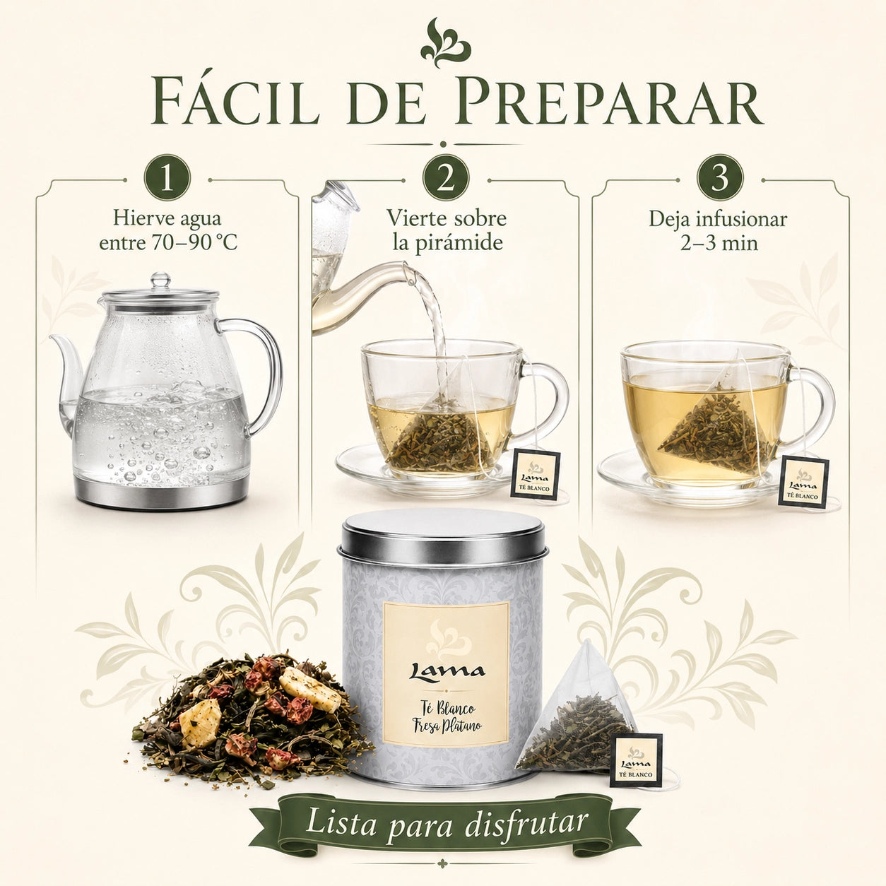 Té Blanco Fresa y Plátano Lama en pirámides