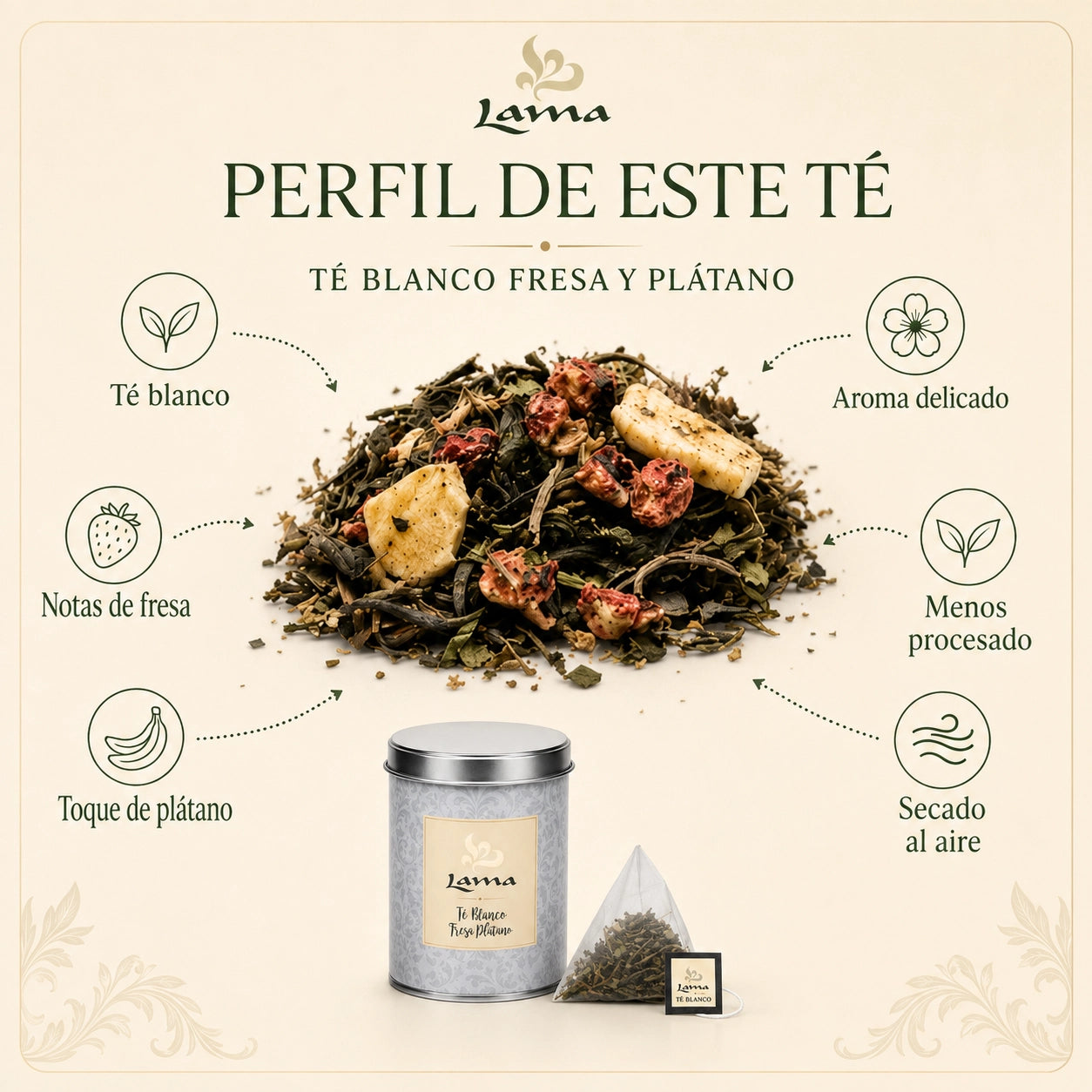 Té Blanco Fresa y Plátano Lama en pirámides