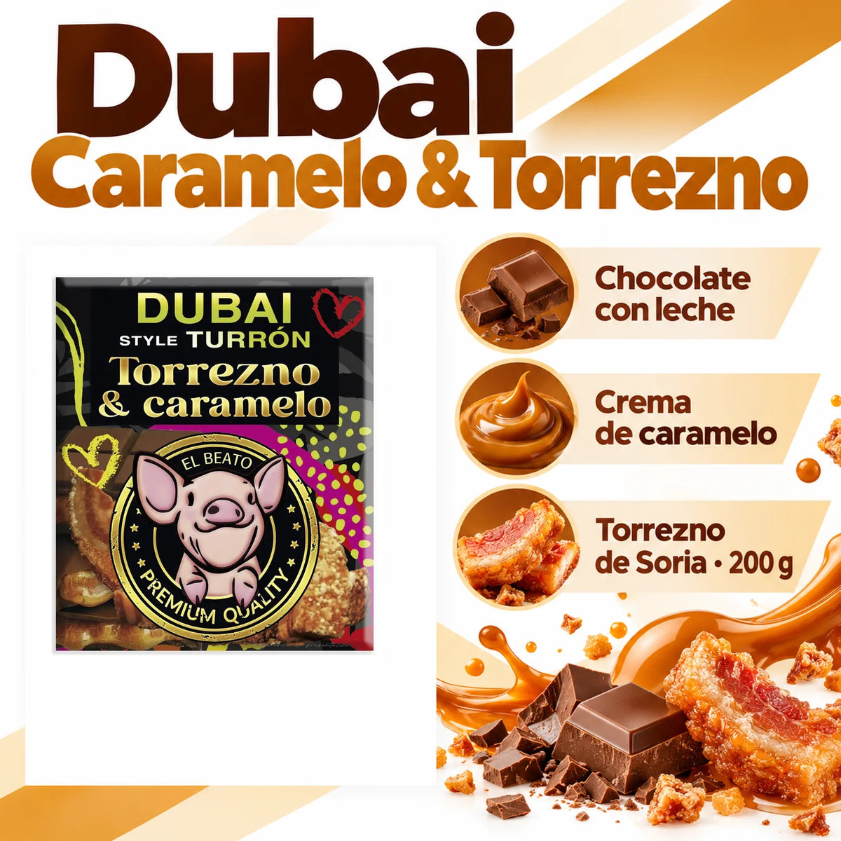 Turrón Dubai Style Caramelo & Torrezno – Edición Gourmet 200 g · ingredientes, sabor y formato